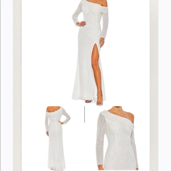 Mac Duggar Metallic One-shoulder Sheath Evening Gown In White - Picture 9 of 13